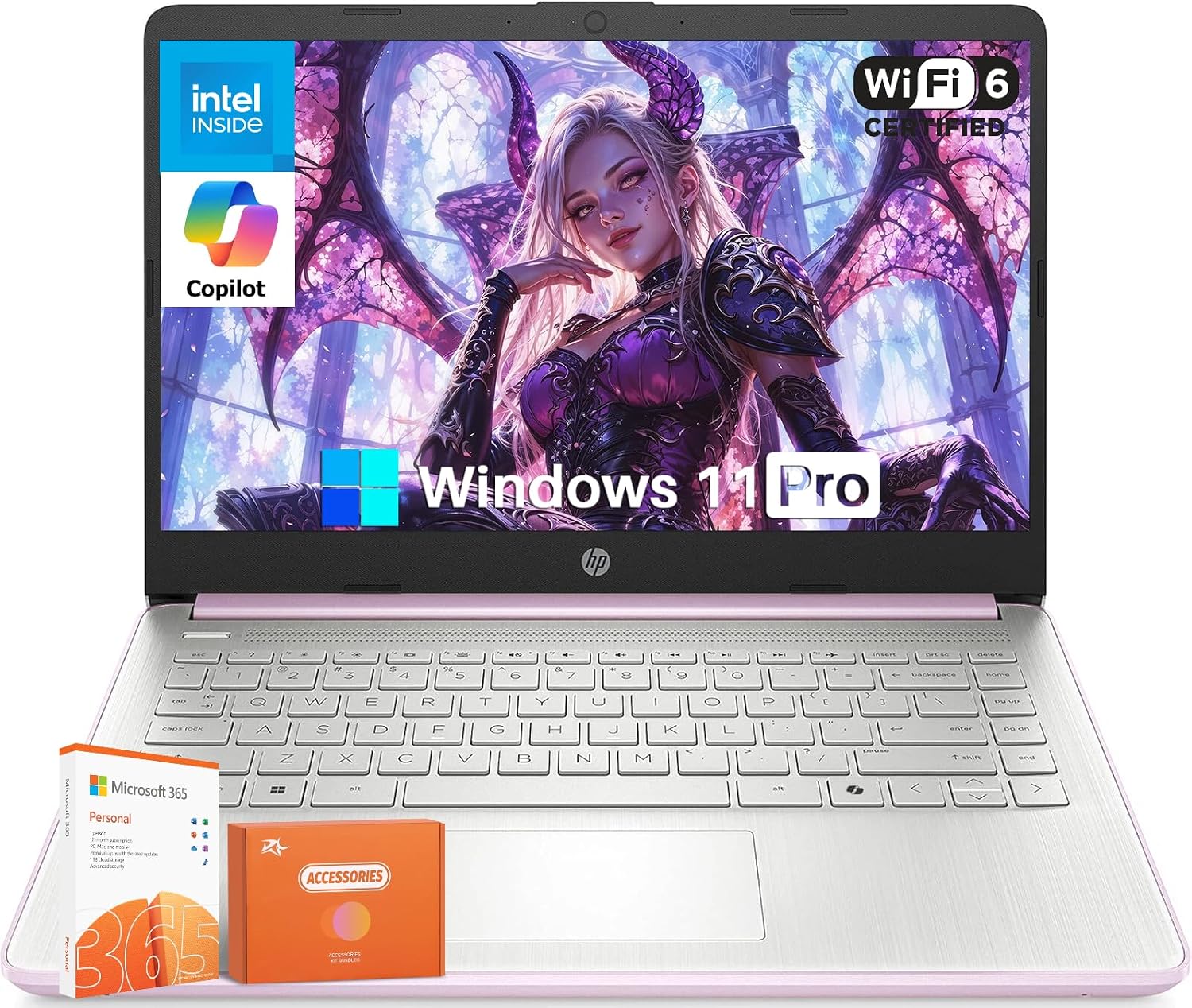 HP 14 Inch Student Business Laptop, Intel N150 CPU, 14' Anti-Glare, 4GB RAM, 384GB Storage(128GB UFS+256GB MSD), Wi-Fi 6, Copilot AI, 1 Year Microsoft 365, Honey Lavender, Windows 11 Pro,W/Mouse