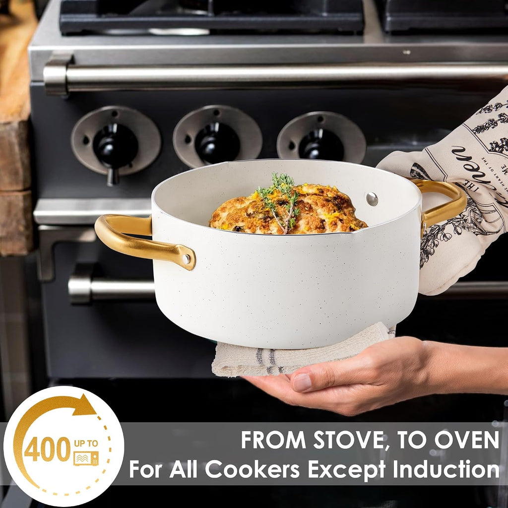 Pots and Pans Set - VONIKI Nonstick Granite Cookware Set, Gold Kitchen Cookware Sets, Non Toxic Cooking Pot Set, PFOA Free, Oven & Dishwasher Safe - Ideal Gift for Home Chefs