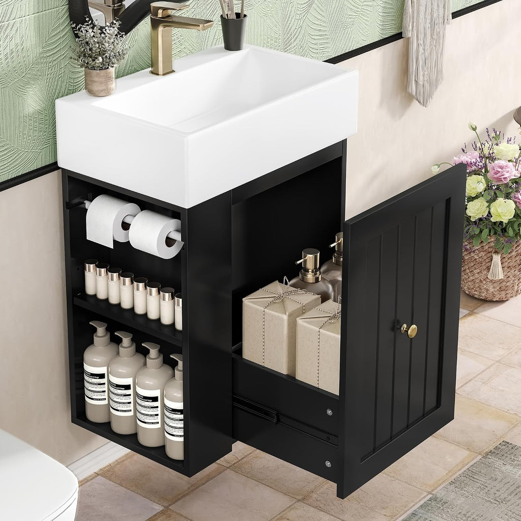 20-inch Bathroom Vanity with Sink Combo, Wall-Mounted Single Storage Cabinet with One Drawer& Left 2-Tier Storage Shelves, Wooden Vanity with Ceramic Basin for Bathroom, Black