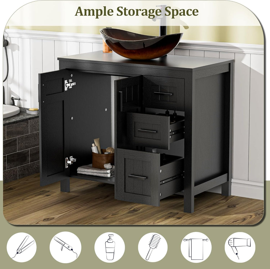 UEV 36' Bathroom Vanity with Sink Combo,Modern Freestanding Sink Cabinet with 3 Drawers,Stylish Bathroom Vanity Cabinet,Grooved Door,Metal Handles,Vessel Sink (Bronze Boat, 36' Black)