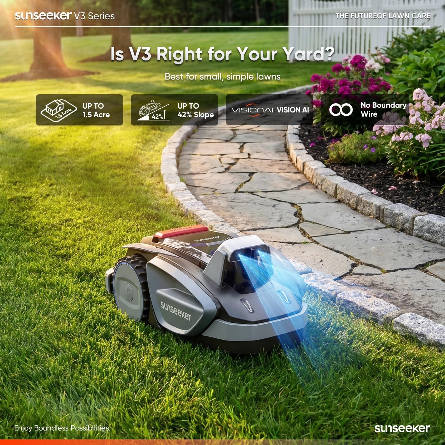 Sunseeker V3 Wireless Robot Lawn Mower for Small Yards, 0.15 Acre/6,400 Sq. Ft., Vision AI Obstacle Detection, One-Click Start, App Control, Auto Recharge, 42% Slope