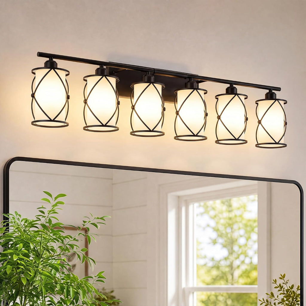 6-Light Matte Black Bathroom Light Fixtures Over Mirror, 42' UL-Listed Modern Farmhouse Wall Sconce Lights with Milk White Frosted Glass and Metal Cage for Bath, Hardwire E26, CH9176BKW-6W