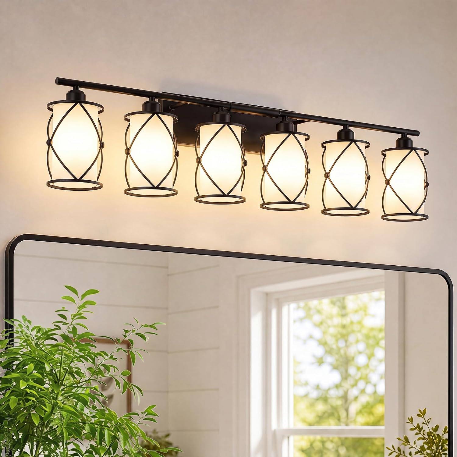 6-Light Matte Black Bathroom Light Fixtures Over Mirror, 42' UL-Listed Modern Farmhouse Wall Sconce Lights with Milk White Frosted Glass and Metal Cage for Bath, Hardwire E26, CH9176BKW-6W