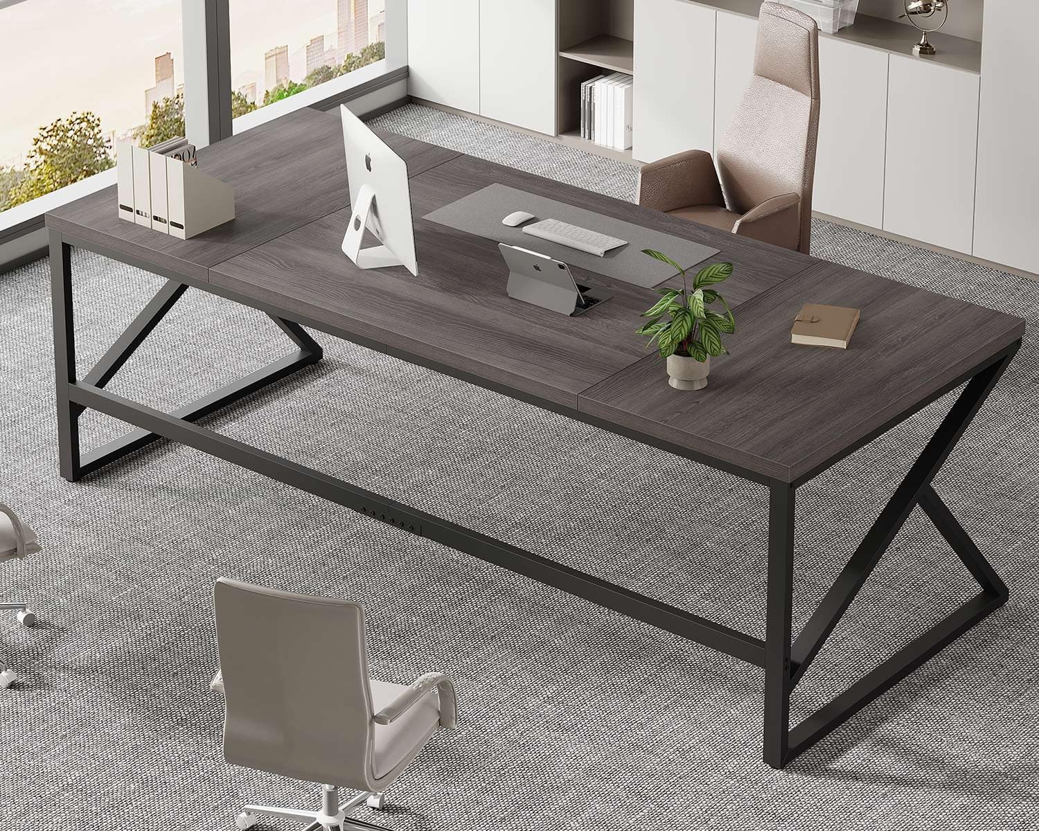 HSH Extra Long Home Office Desk, Industrial Metal Wood Computer Desk, Large PC Laptop Table for Two Person Executive Writing Work Study Gaming, Bedroom Living Room Dual Monitor Desk, Dark Gray,78 Inch