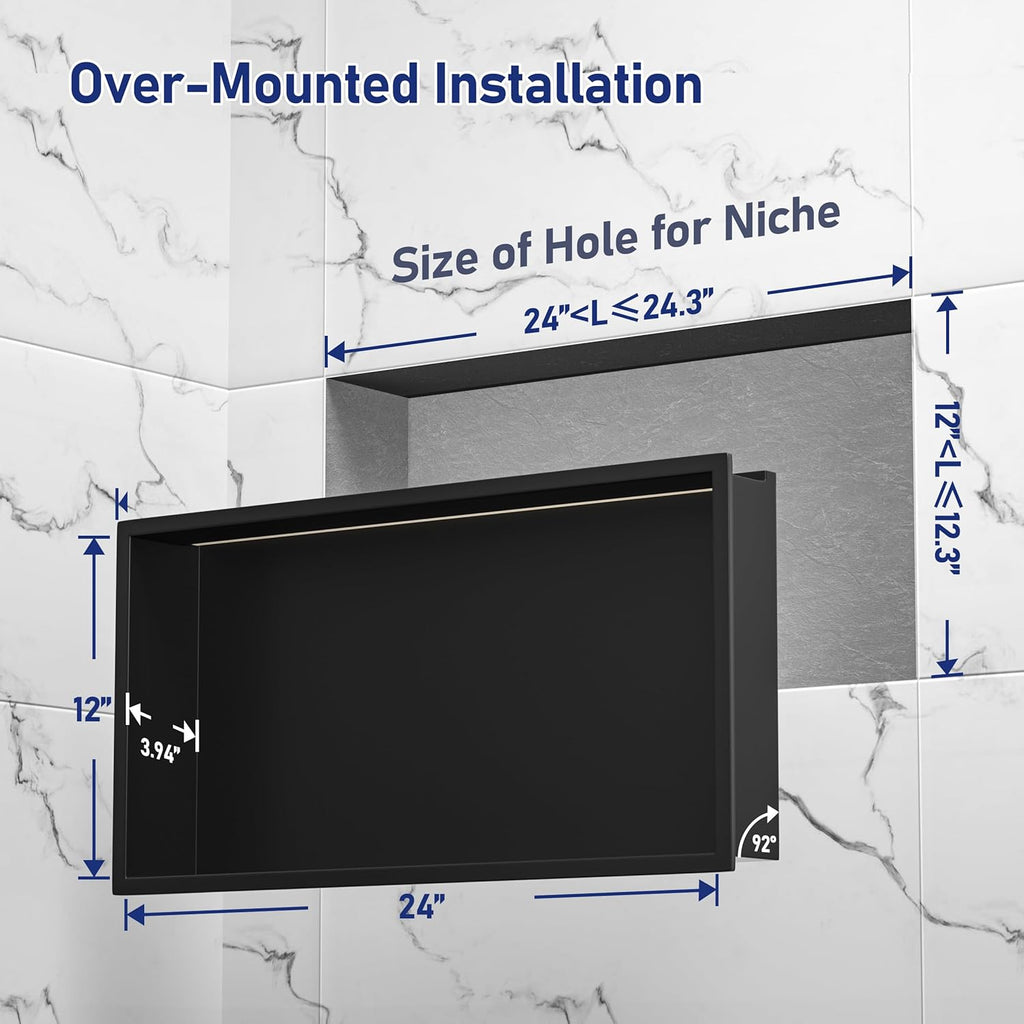 Stainless Steel Led Shower Niche Black 24' X 12' No Tile Needed | Recessed shower niche,IP66 waterproof,Led driver included,horizontal niche,non-dimmable,3000K warm light,bathroom storage