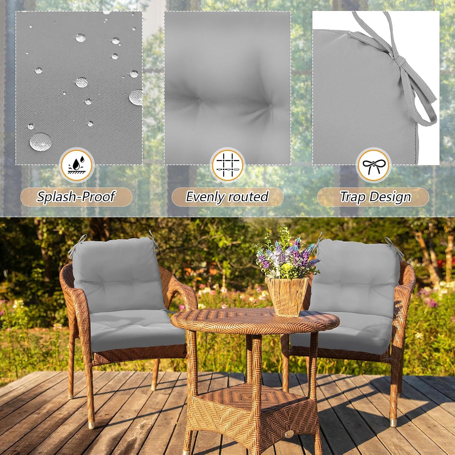 Geetery Outdoor Chair Cushions Set of 4 High Back Patio Furniture Replacement Seat Pads with Ties 42x21x4' for Lawn Porch Wicker Rocking Dining Chairs Weather Resistant Fade Resistant(Light Grey)