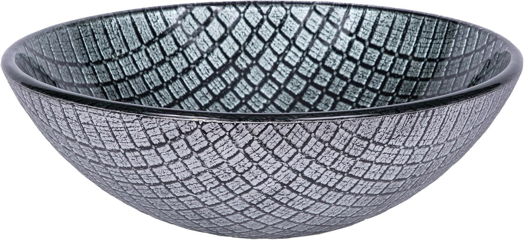 Eden Bath Silver & Black Squares Round Glass Sink Bowl Bathroom Vessel Sink for Vanity Top
