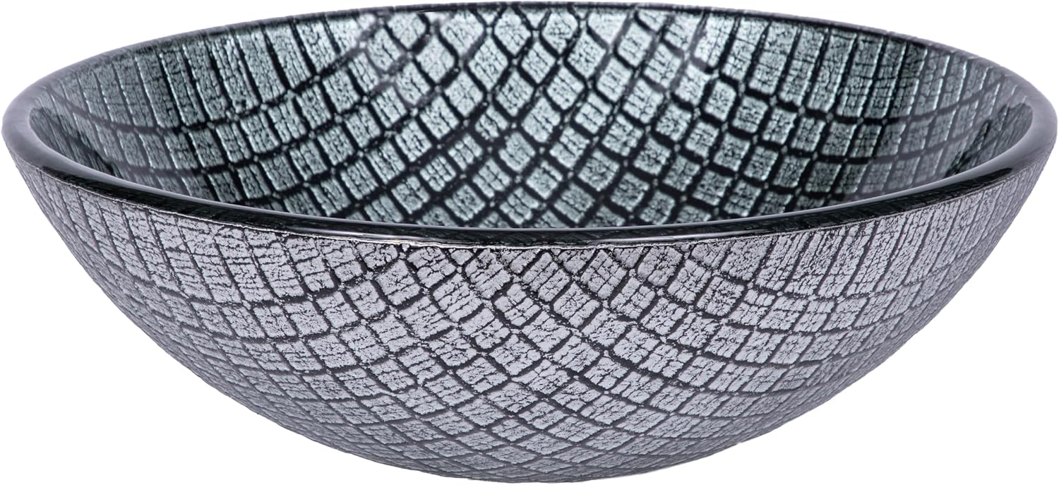 Eden Bath Silver & Black Squares Round Glass Sink Bowl Bathroom Vessel Sink for Vanity Top