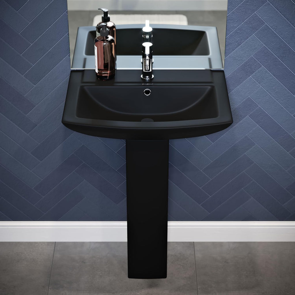 Sublime Square Two-Piece Ceramic Pedestal Bathroom Sink in Matte Black with Overflow, Single Faucet Hole, Standard 1.75 in Drain