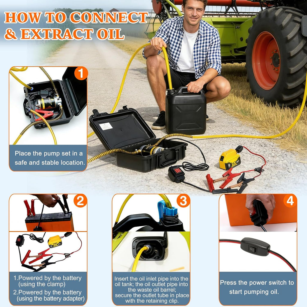 12V/24V 100W Oil Change Pump Set, Fast 1-4L/min Flow Oil Transfer Pump with Yellow Battery Adapter Compatible with DEWALT 20V/18V Battery, Fluid Transfer for Trucks, Boats, Lawnmowers