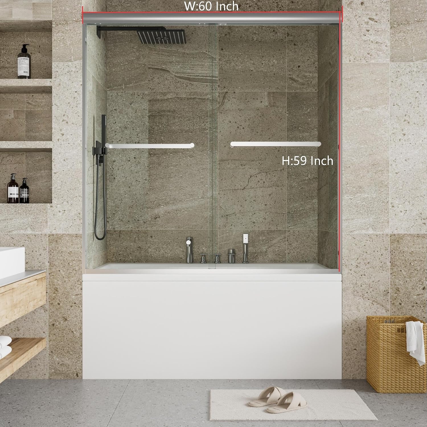 Sliding Tub Shower Door 56–60 × 59 Inch, Double Sliding Bathtub Shower Door with 6mm Tempered Glass, Brushed Finish Aluminum Frame, Easy Clean Glass Tub Door for Bathroom