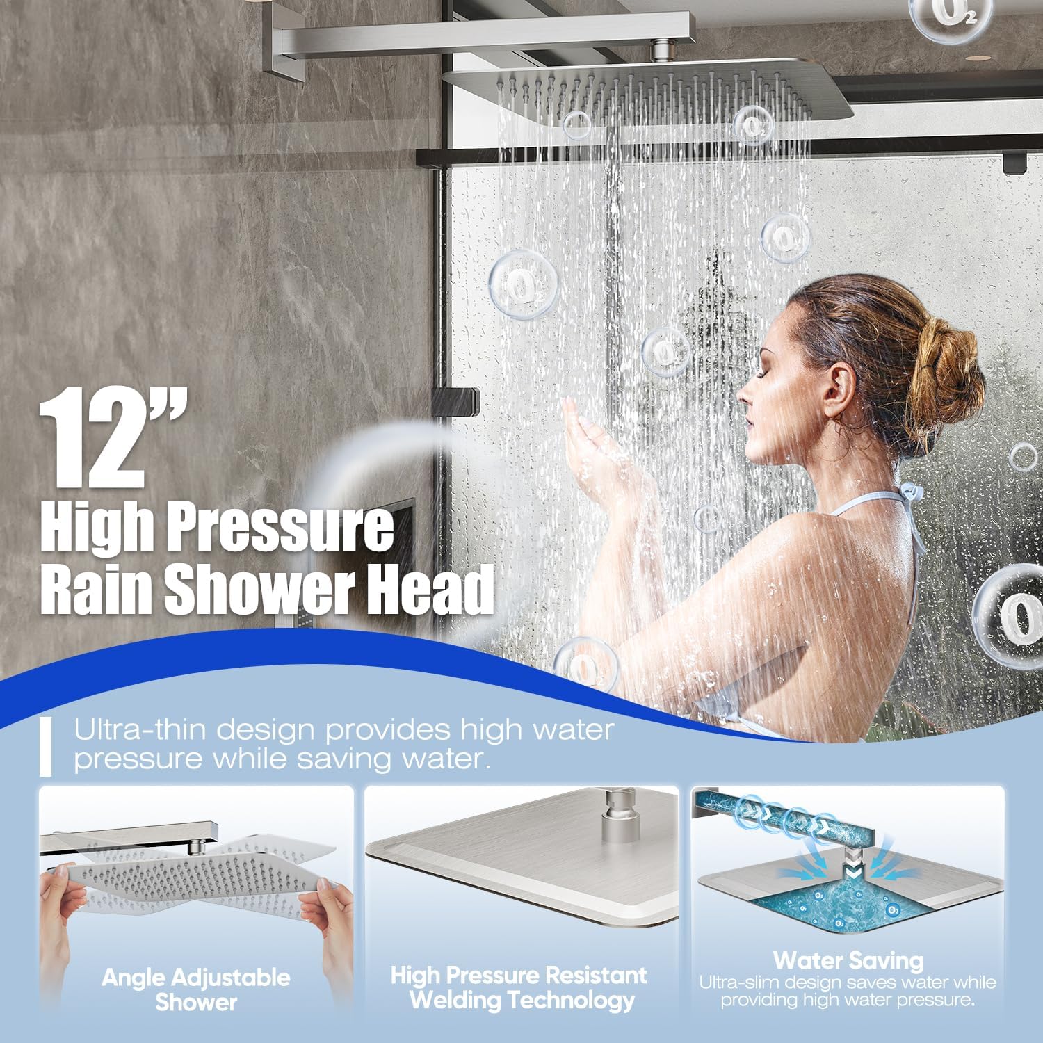 Gabrylly 12 Inches Shower System, Shower Faucet Set with Rain Shower Head and Handheld Shower, Luxury Rainfall Shower Combo Set with Shower Valve, Brushed Nickel