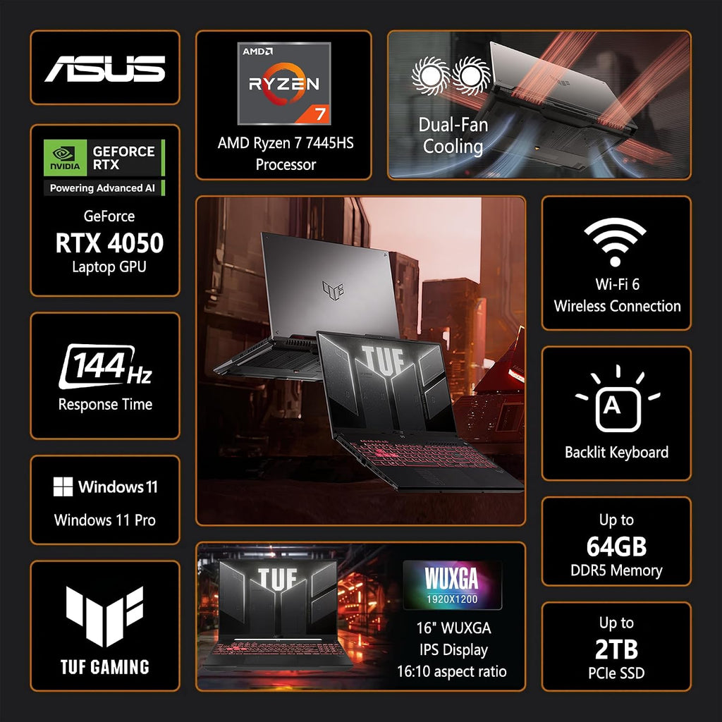ASUS TUF A16 Gaming Laptop | 16' WUXGA IPS 144Hz | AMD 6-Core Ryzen 7 7445HS | 16GB DDR5 1TB SSD | NVIDIA GeForce RTX 4050 (194 AI Tops) | Backlit Keyboard USB 4 Wi-Fi 6 Win11 Pro w/DLCA Accessory