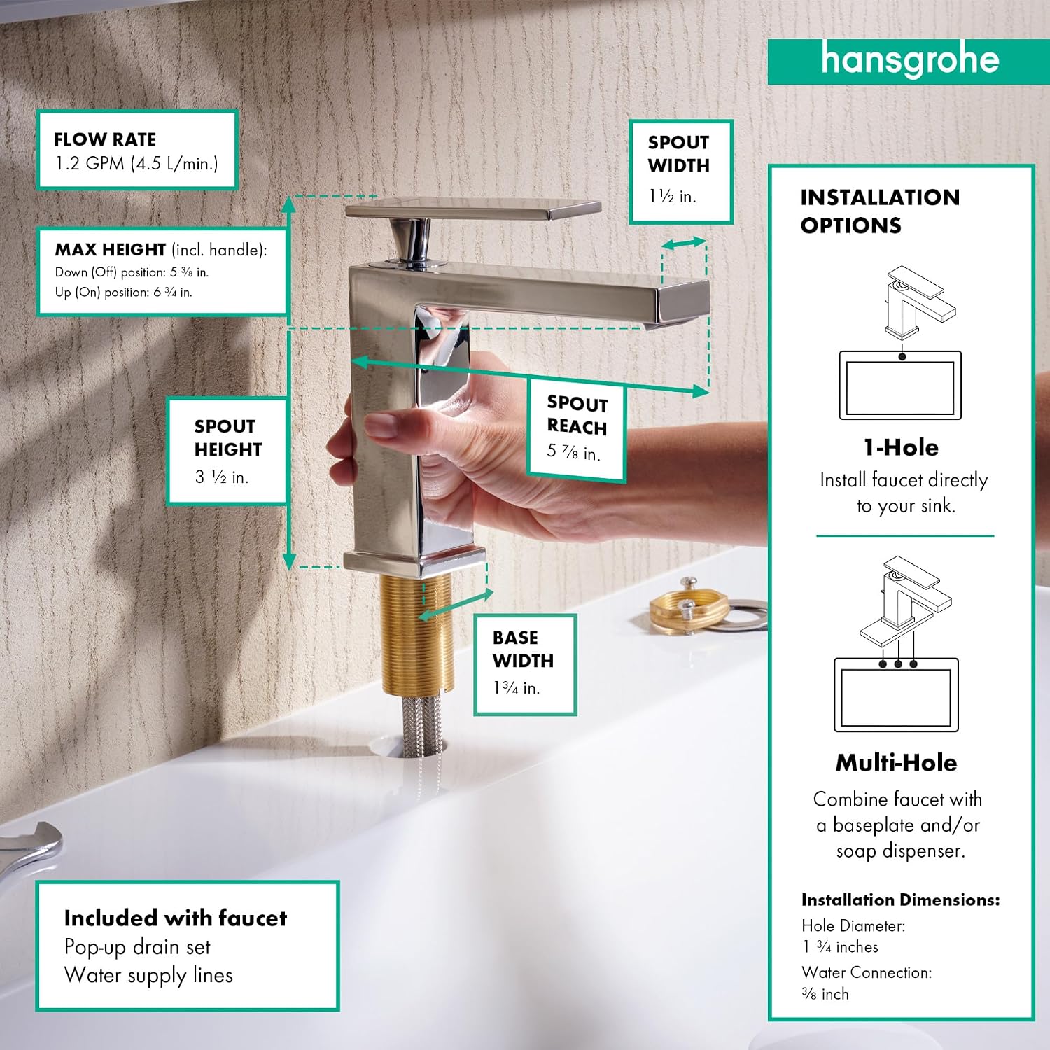 hansgrohe Tecturis E -Handle -Hole 5-inch Tall Bathroom Sink Faucet in Chrome, 73002001