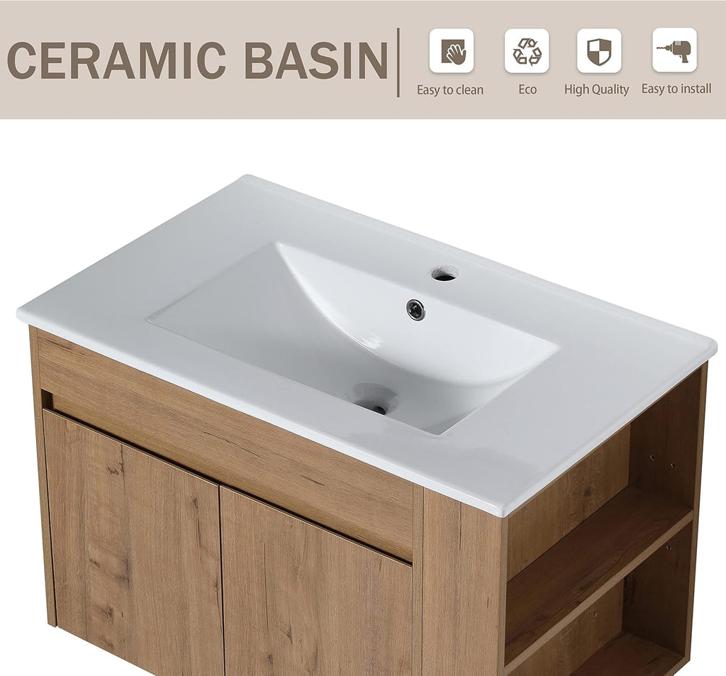 30' Bathroom Vanity with Sink, 30 Inch Floating Vanity with Soft-closing Door, Modern Single Sink Bathroom Vanity Combo, Brown Wall Mounted Cabinet Set with Open Shelf (IMO-027, 30''W x 18''D)