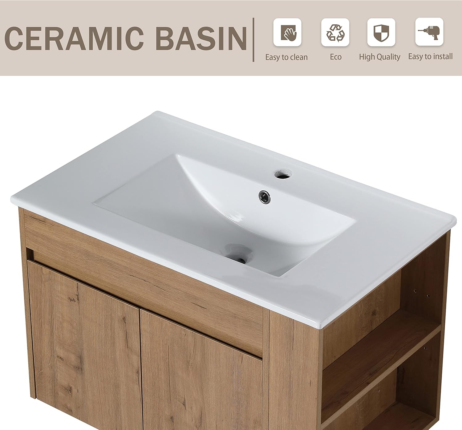 30' Bathroom Vanity with Sink, 30 Inch Floating Vanity with Soft-closing Door, Modern Single Sink Bathroom Vanity Combo, Brown Wall Mounted Cabinet Set with Open Shelf (IMO-027, 30''W x 18''D)
