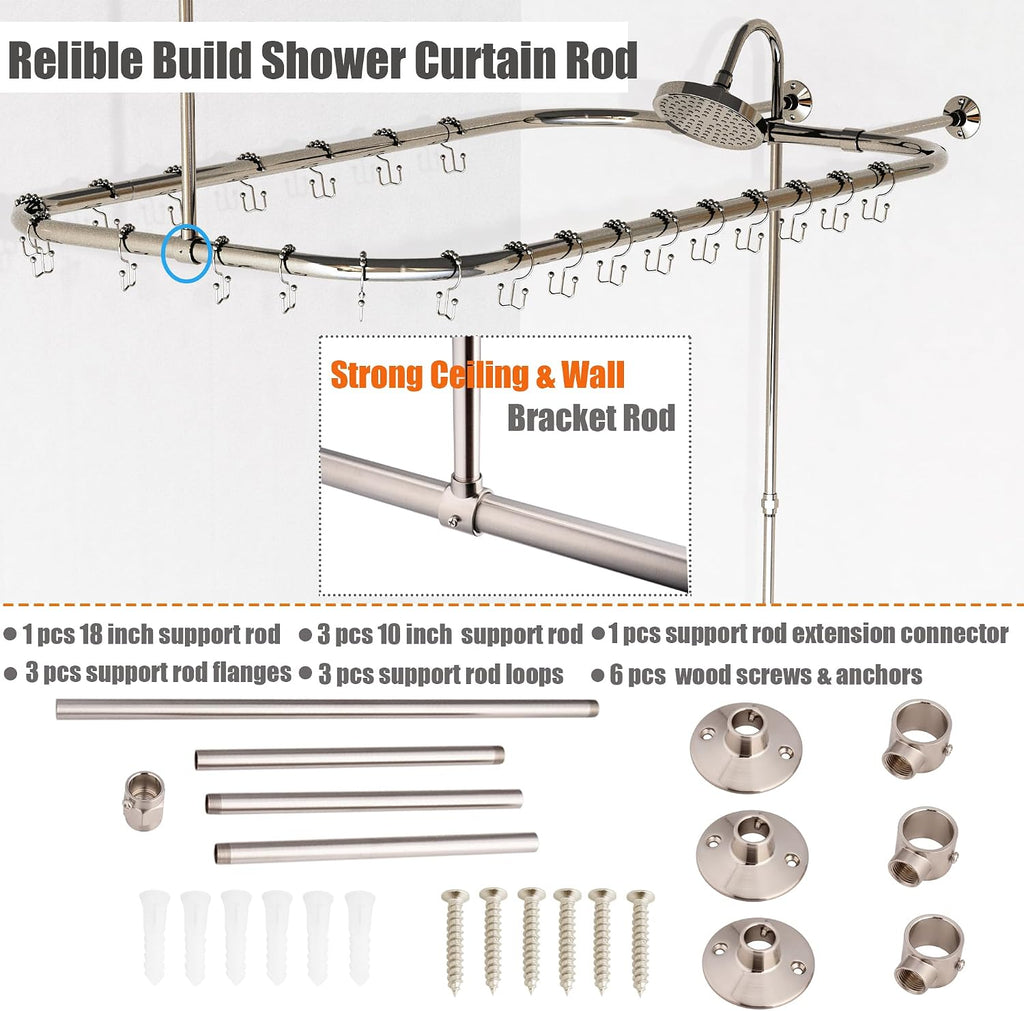 Clawfoot Tub Shower Kit, Add On Shower Units With Bathcock Diverter Faucet and 48' X 27' Rectangular Claw foot Tub Shower Curtain Rod Kit,Claw foot Tub Shower Faucet Set,Brushed Nickel