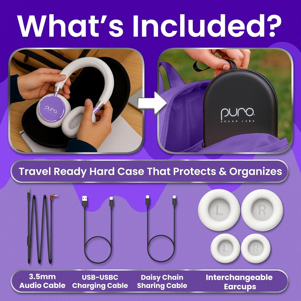 Puro Sound Labs BT2200 Plus Volume Limited Headphones for Kids, Bluetooth, Studio-Grade Audio, Over-Ear & Comfy Design, 20-Hr Battery Life, Easy to Connect Wireless Headphones for Kids, Purple & Pink