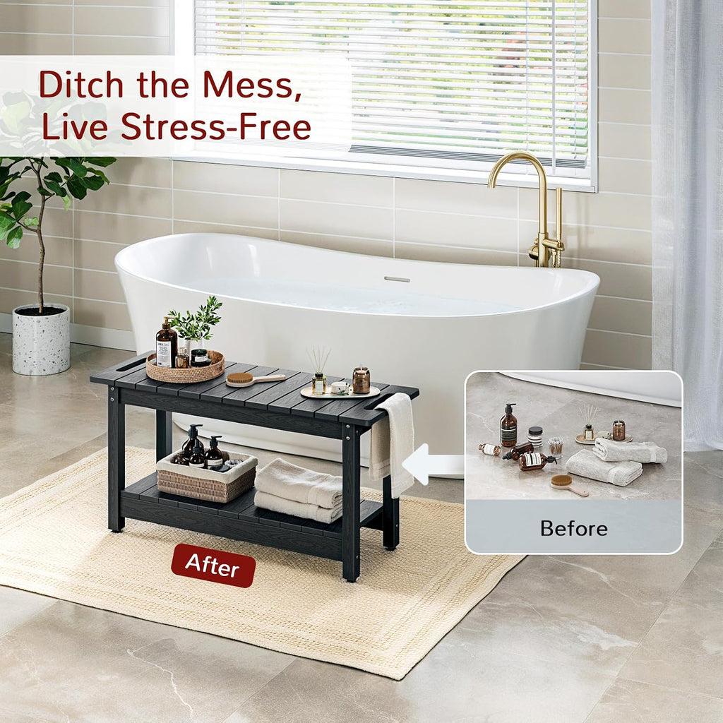 Stoog 35.5' Large Shower Bench, Waterproof Shower Stool with Storage Shelf and Handles, Adjustable and Non-Slip Feet, Shower Chair for Inside Shower, Black