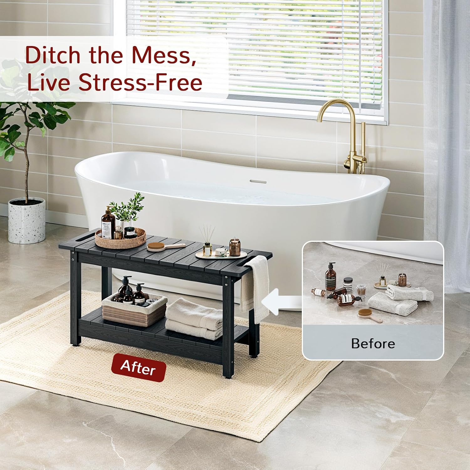 Stoog 35.5' Large Shower Bench, Waterproof Shower Stool with Storage Shelf and Handles, Adjustable and Non-Slip Feet, Shower Chair for Inside Shower, Black