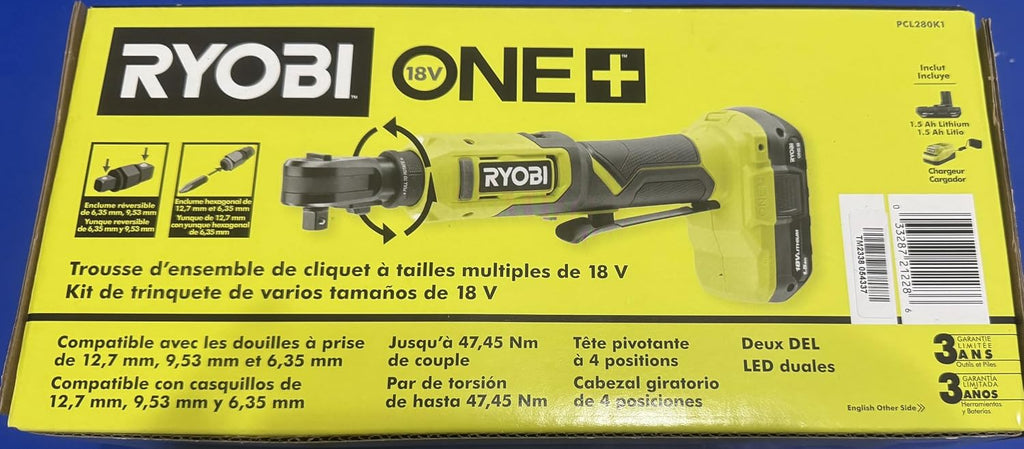 Ryobi 18V Cordless Ratchet Multi-Size 3/8 in. and 1/4 in. Kit with 1.5 Ah Battery and Charger (PCL280K1)
