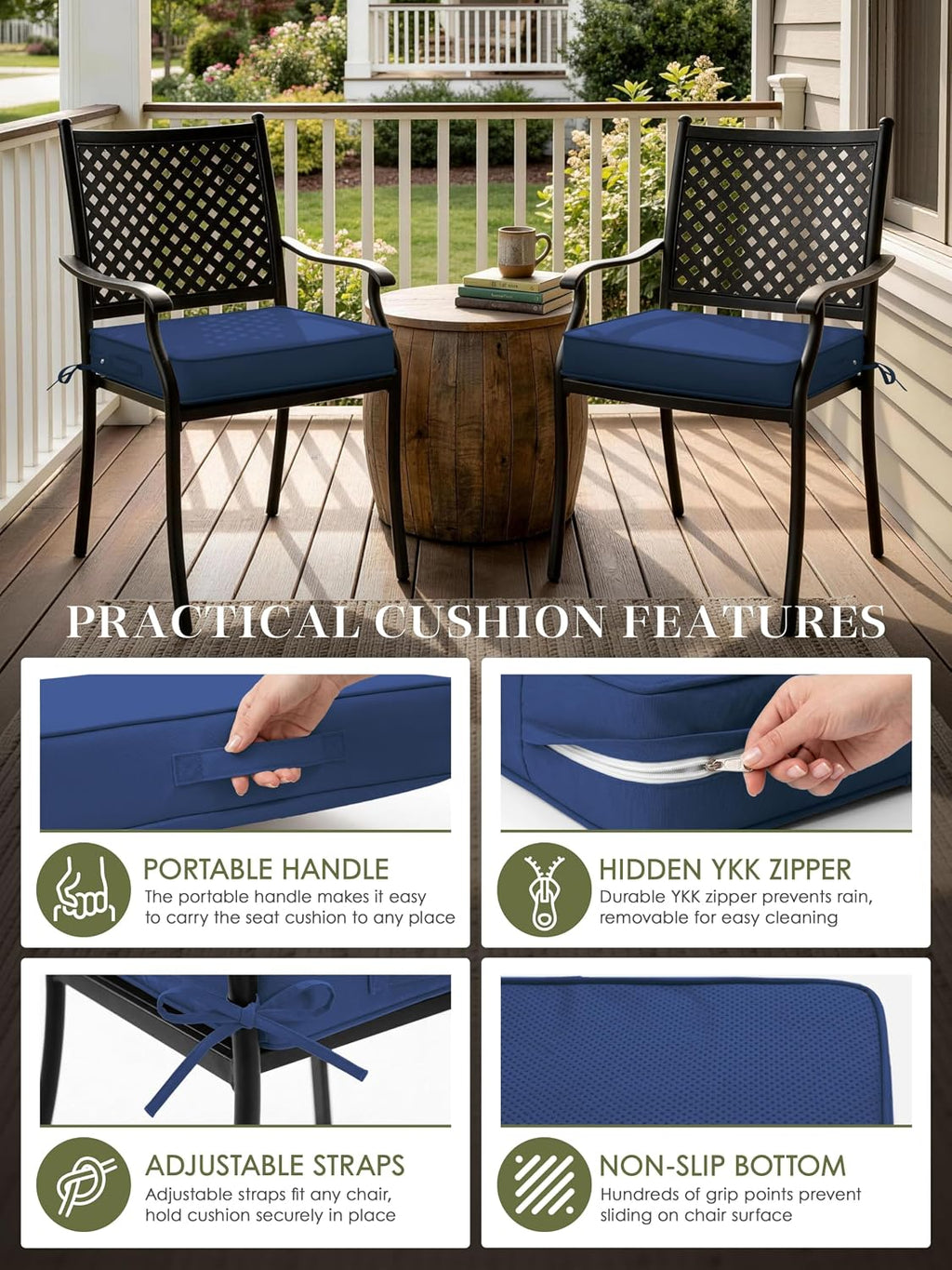 Outdoor Chair Cushions Patio Funiture Chair Seat Cushion 22 L X 22 W X 4 H Waterproof & Fade Resistant Square Sofa Couch Chair Pads with Non-Slip Bottom &Handle & Adjustable Straps Set of 6