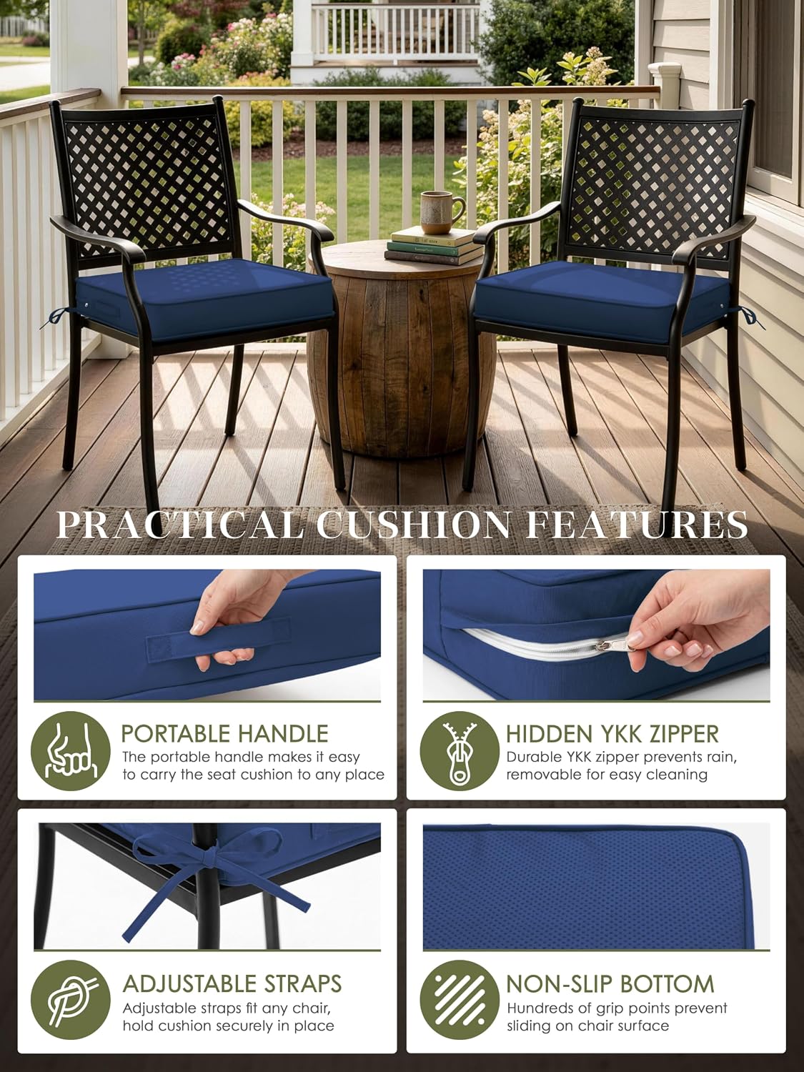 Outdoor Chair Cushions Patio Funiture Chair Seat Cushion 22 L X 22 W X 4 H Waterproof & Fade Resistant Square Sofa Couch Chair Pads with Non-Slip Bottom &Handle & Adjustable Straps Set of 6