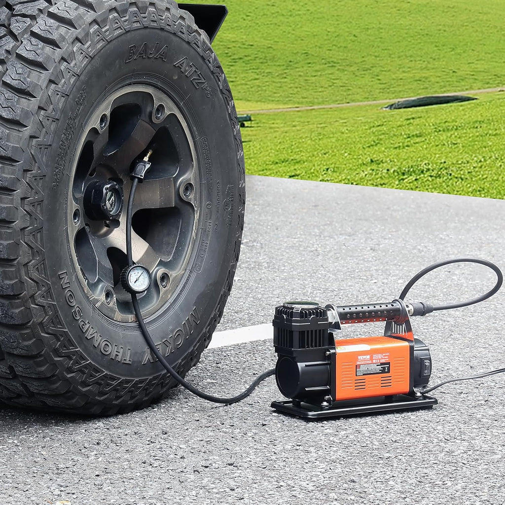 VEVOR 12V Portable Tire Inflator, 7.06CFM Heavy Duty Air Compressor, 150PSI Offroad Air Pump with Adapters for Car SUV RV Truck - Include 6.5FT Power Cord, 26FT Air Hose with Pressure Gauge, Carry Bag