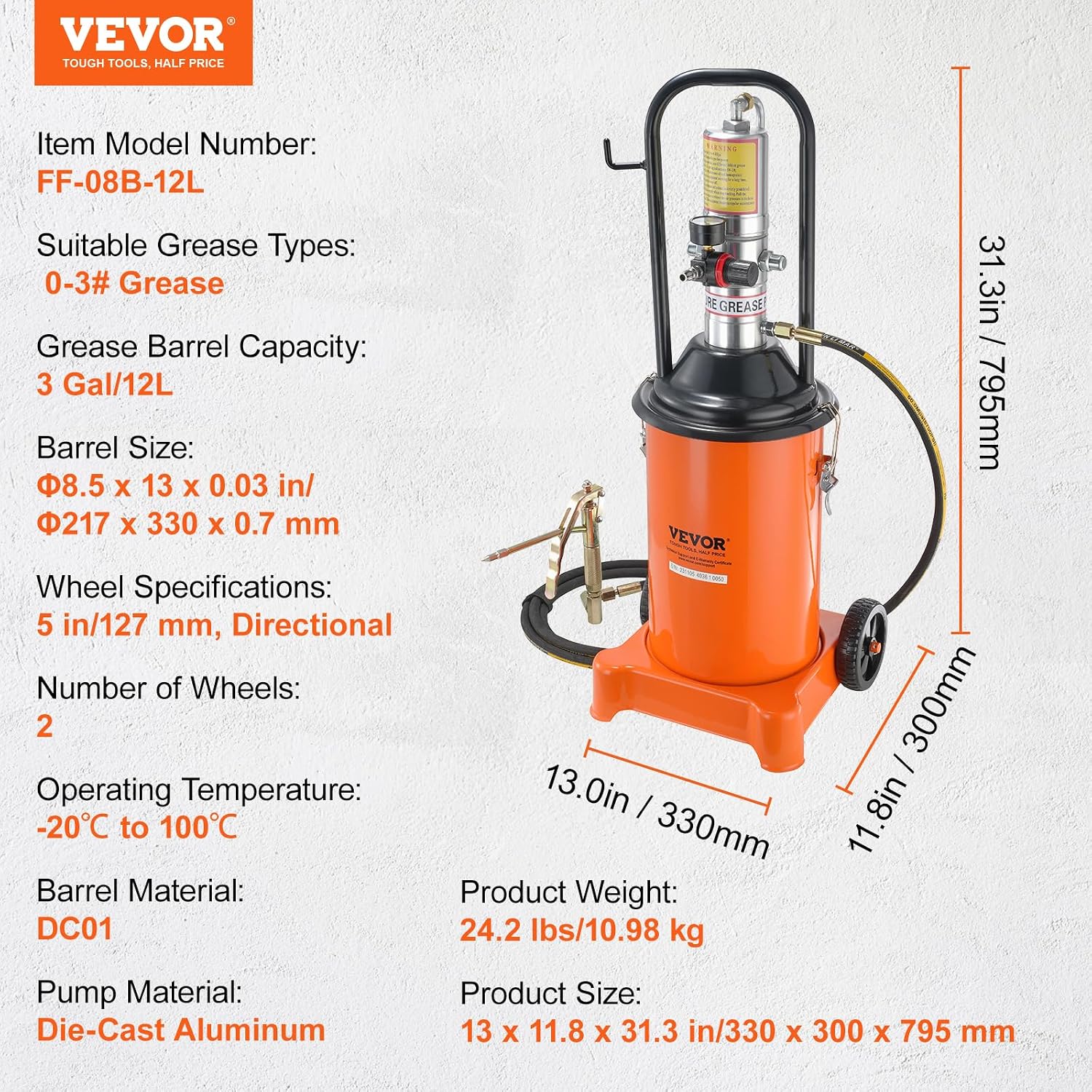 VEVOR Grease Pump, 3 Gallon Air Grease Pump with 13 ft High Pressure Hose and Grease Gun, 12L Pneumatic Grease Pump with Wheels, Portable Lubrication Grease Pump