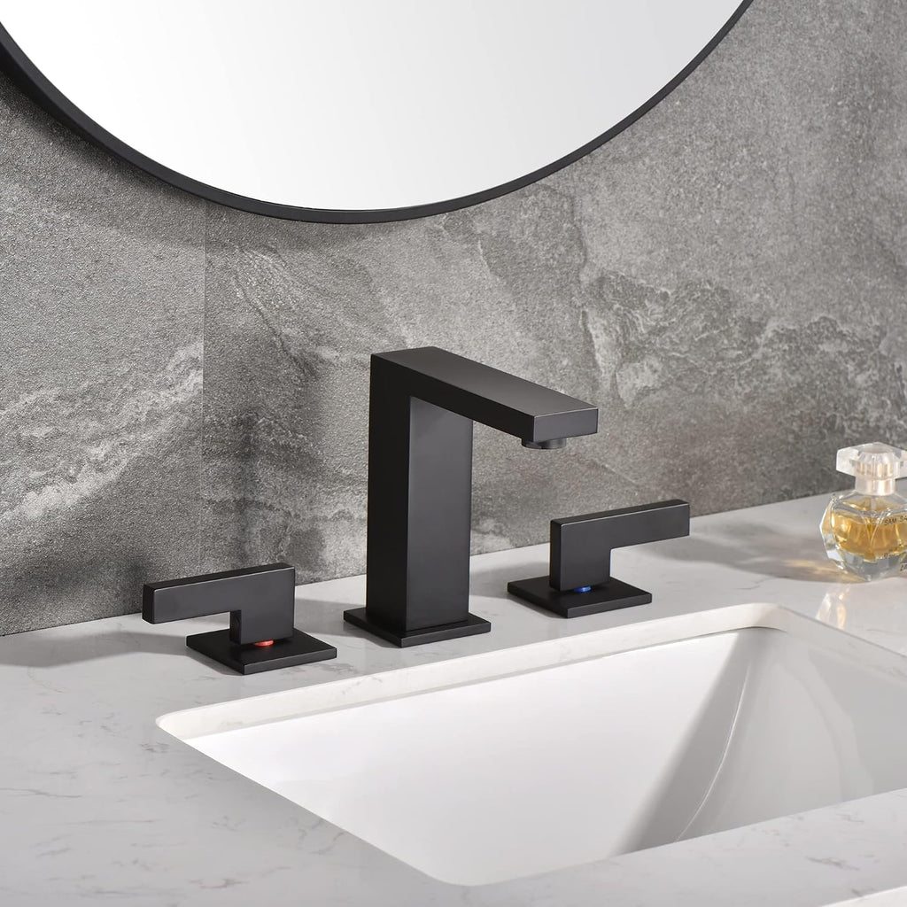 sumerain Widespread Matte Black Bathroom Sink Faucet 8 Inch 3 Hole Lavatory Faucet Vanity Faucet with Y Shape Quick Connect Hose