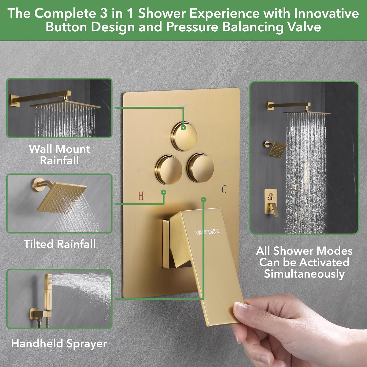 VANFOXLE Shower Faucet Set Brushed Gold Shower System, Push Button Diverter Shower Faucet with 2 in 1 Handheld, Wall Mount 10 Inch Shower Head Increased Thickness with 6 Inch Shower Head