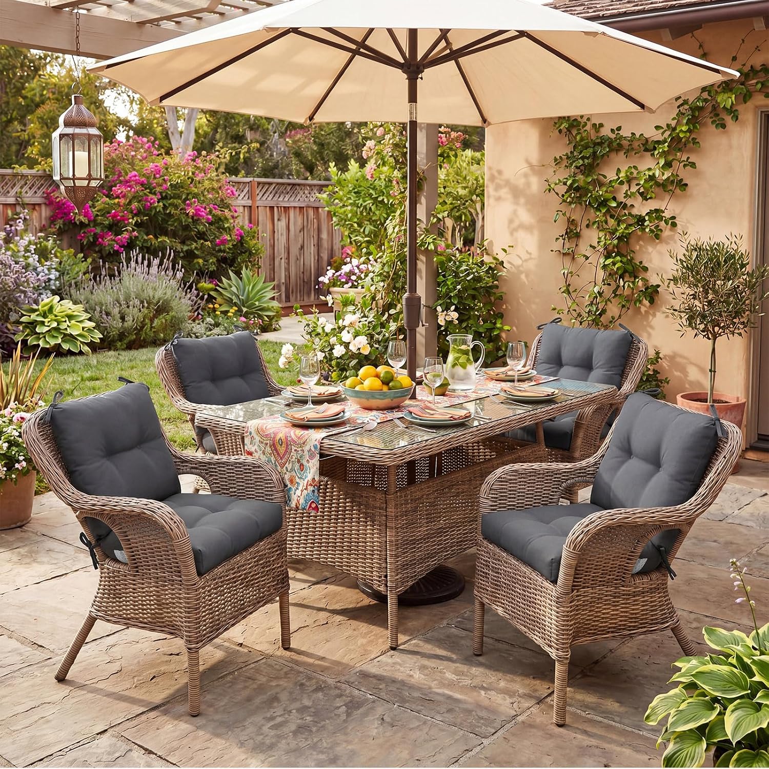 Geetery Outdoor Chair Cushions Set of 4 High Back Patio Furniture Replacement Seat Pads with Ties 42x21x4' for Lawn Porch Wicker Rocking Dining Chairs Weather Resistant Fade Resistant(Dark Gray)