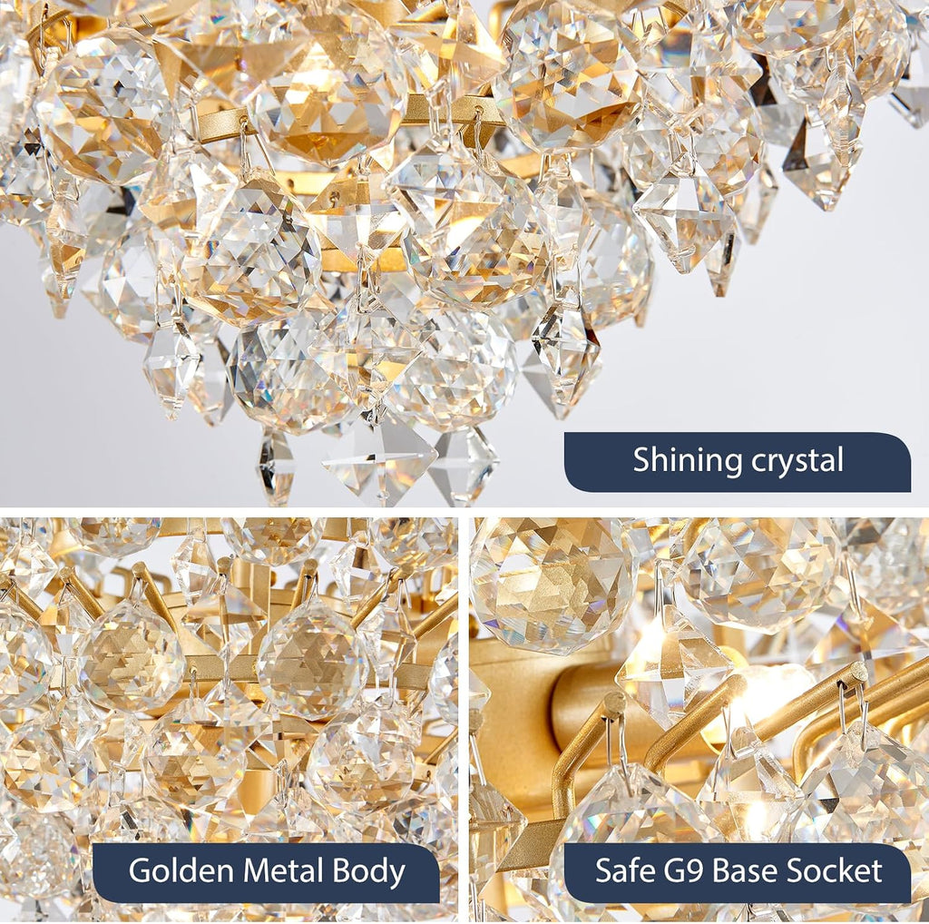 Bestier Gold Modern Pendant Chandelier Crystal Raindrop Lighting Ceiling Light Fixture Lamp for Dining Room Bathroom Bedroom Livingroom 4 G9 Bulbs Required D11 in x H12 in