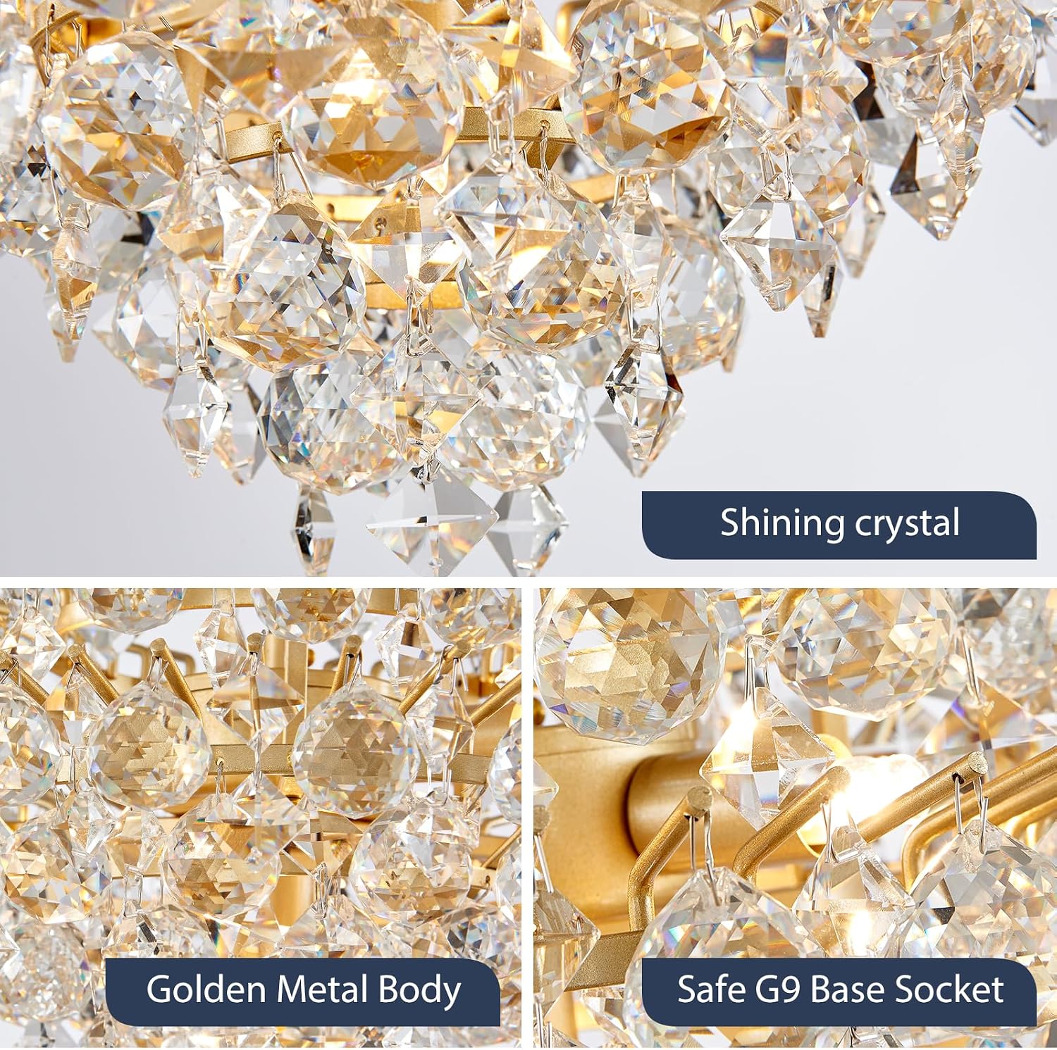 Bestier Gold Modern Pendant Chandelier Crystal Raindrop Lighting Ceiling Light Fixture Lamp for Dining Room Bathroom Bedroom Livingroom 4 G9 Bulbs Required D11 in x H12 in