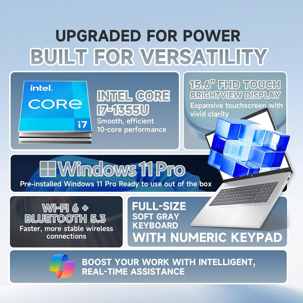 HP Flagship Touchscreen Laptop for Business - 15.6' FHD IPS Touchscreen | Intel Core i7 1355U (up to 5.0 GHz) | 16GB RAM + 512GB SSD | Intel Iris Xe Graphics | Wi-Fi 6 | Windows 11 Pro | Copilot AI