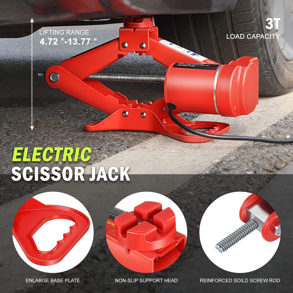 DNA Motoring 3T Portable Electric Scissor Lift Jack Kit - 4.7'' - 13.8''(12-35cm) 12V Lifting Range Electric Car Jack & Impact Wrench for Auto Sedan SUV Repair, TOOLS-00281
