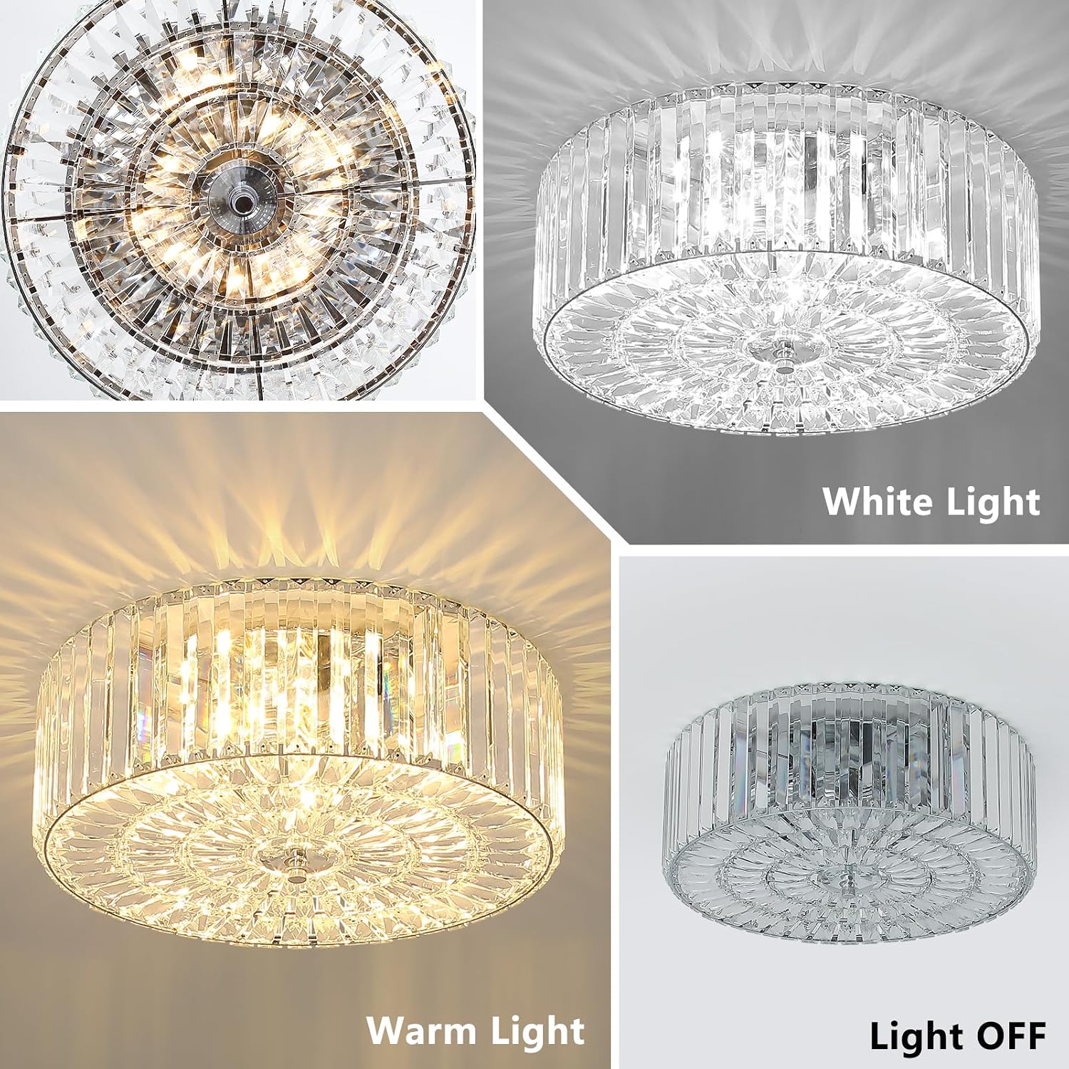 17.5' Large Crystal Ceiling Light, 4-Lights Flush Mount Crystal Ceiling Light, Chrome Ceiling Lamp Modern Chandelier for Bedroom, Dining Room,Living Room, XDD007-4-CH