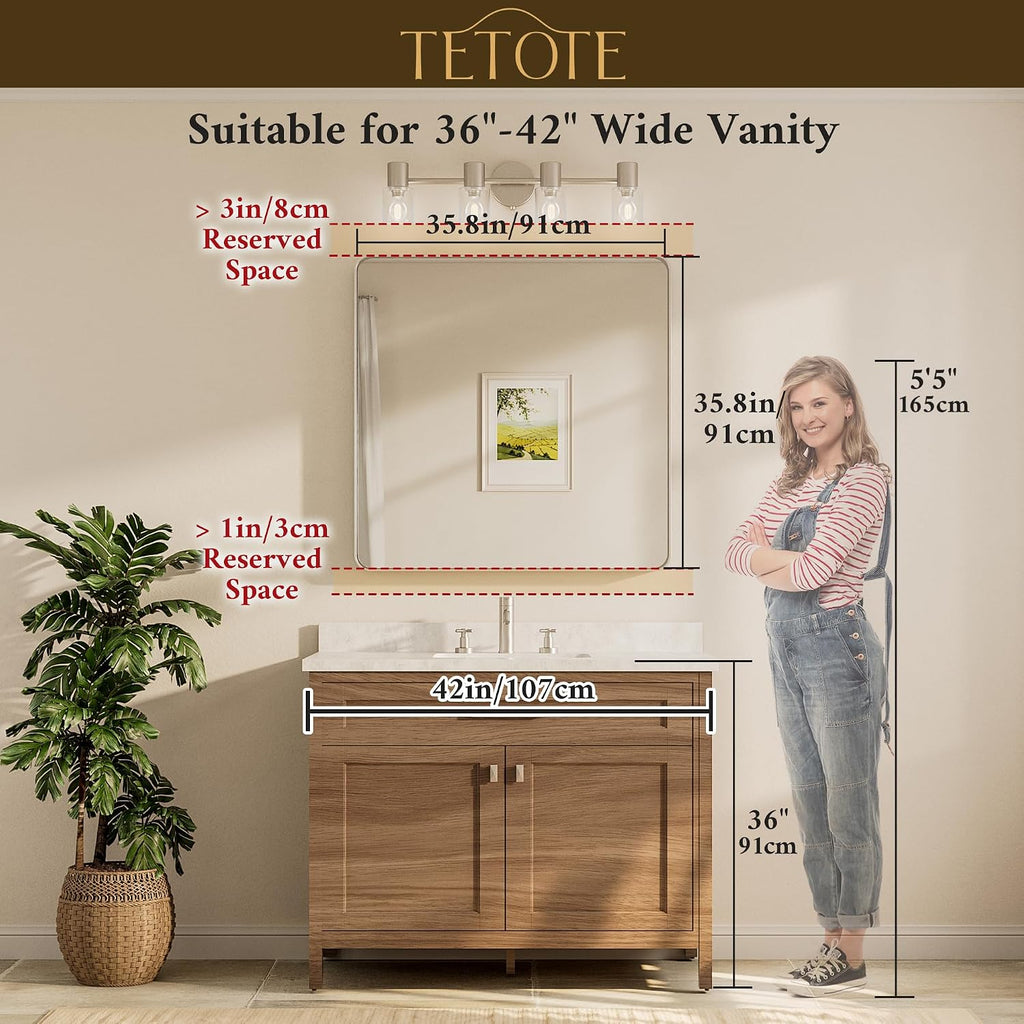 TETOTE Black Framed Mirrors for Bathroom, 36 x 36 Inch Modern Wall Mounted Square Matte Frame Decorative Vanity Mirror for Living Room Entryway