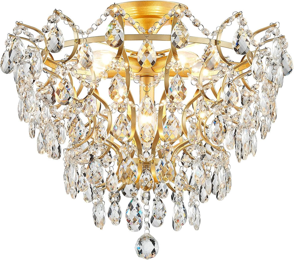 WUZUPS 6-Light Crystal Chandelier Ceiling Light Modern Lighting Fixture for Bedroom Hallway Bar Kitchen Bathroom, H 15.6' W 20.1', E12 Base, Gold