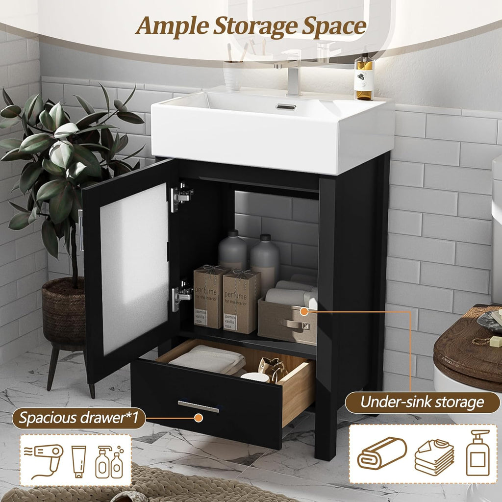 20-inch Bathroom Vanity with Sink Combo Set, Free Standing Single Storage Cabinet with Soft Closing Doors & One Drawer, Solid Wood Vanity Organizer with Ceramic Basin for Bathroom, Black