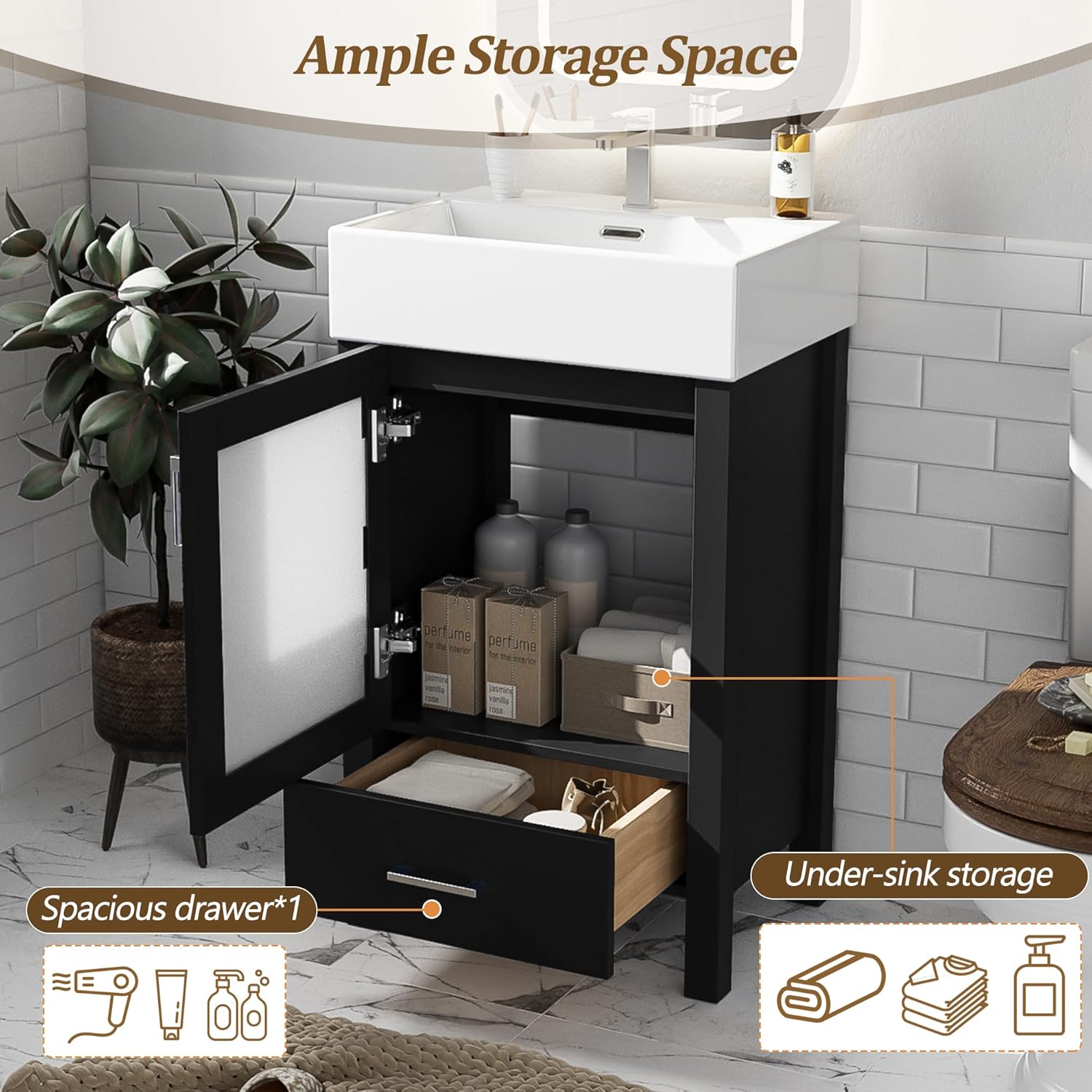 20-inch Bathroom Vanity with Sink Combo Set, Free Standing Single Storage Cabinet with Soft Closing Doors & One Drawer, Solid Wood Vanity Organizer with Ceramic Basin for Bathroom, Black