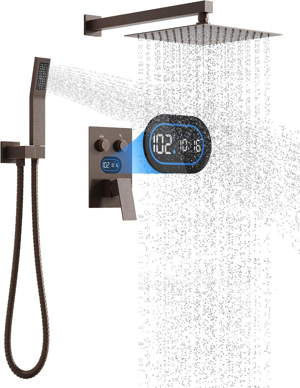 Push Button Diverter Shower Faucet Set Hydro Power Temperature Display, Shower System 10 Inches Shower Head with Handheld Spray, Wall Mounted Shower Fixtures with Valve and Trim Kit, Oil Rubbed Bronze