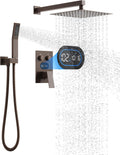 Push Button Diverter Shower Faucet Set Hydro Power Temperature Display, Shower System 10 Inches Shower Head with Handheld Spray, Wall Mounted Shower Fixtures with Valve and Trim Kit, Oil Rubbed Bronze
