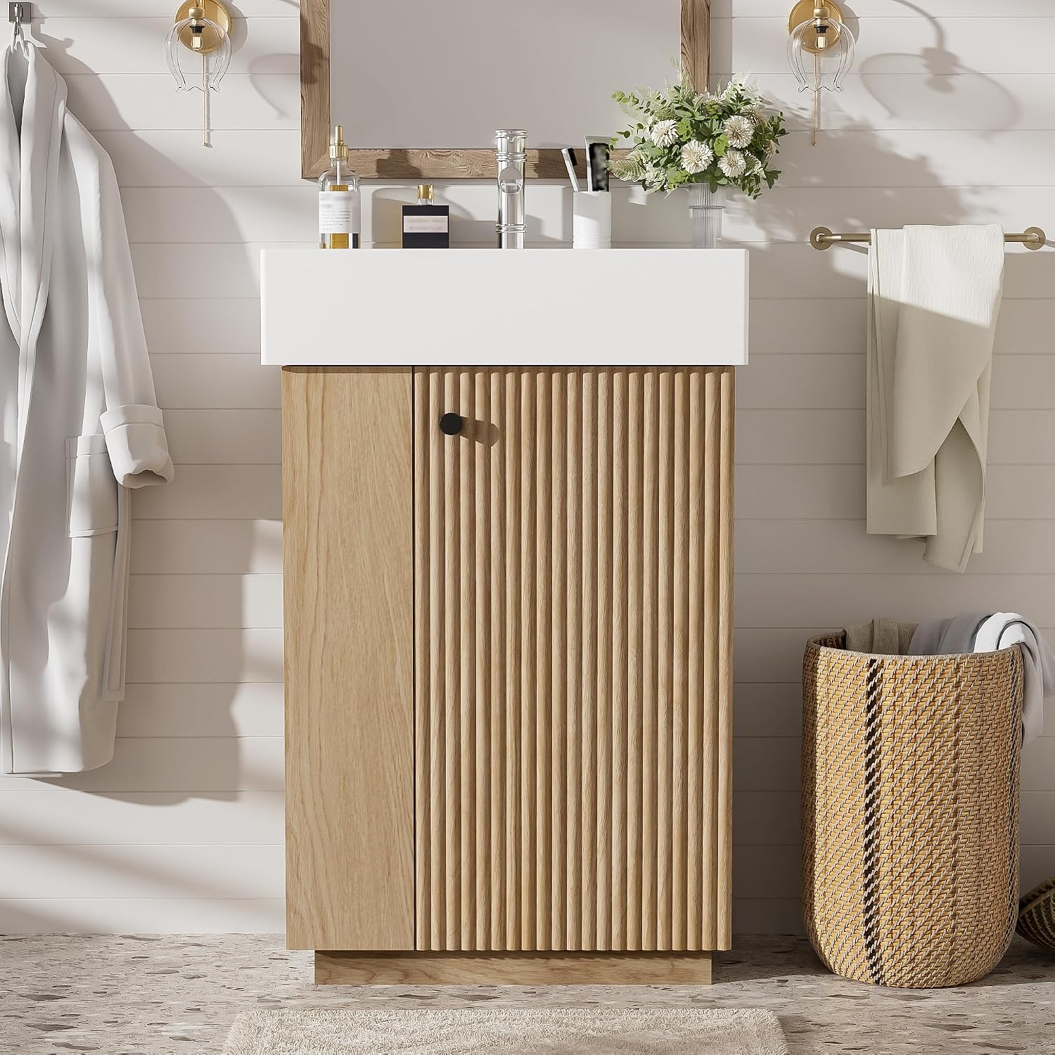 21.6-inch Bathroom Vanity with Reversible Sink, Free-Standing Single Storage Cabinet with One Right Door and Side Open Shelf, Vanity with Ceramic Basin for Bathroom (Dark Grey)