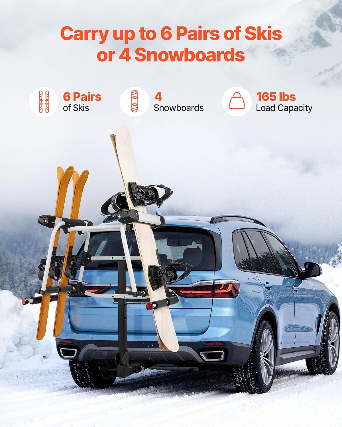 VEVOR Hitch Mounted Ski & Snowboard Rack, Fits 2-Inch Receiver, Carries up to 6 Pairs of Skis or 4 Snowboards, Hitch-Mounted Rack for Car with Key Lock, Security Strap, Tilt Access, Rubber Padding
