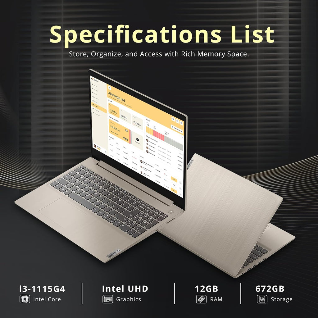 Lenovo Ideapad 3i 15.6' FHD Display Laptop, Intel i3-1115G4, 12GB RAM, 672GB Storage (512GB PCIe SSD + 160GB Docking Station Set), Intel UHD Graphics, Numeric Keypad, Webcam, Wi-Fi, Windows 11, Almond