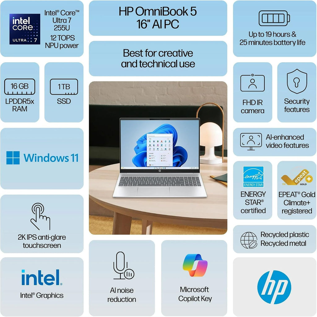 HP OmniBook 5 Touchscreen Laptop Computer, Intel 12-Core Ultra 7 255U, 16GB LPDDR5X RAM, 1TB PCIe SSD, 16' FHD+, WiFi 6, Backlit Keyboard, Copilot Key, Windows 11 Home