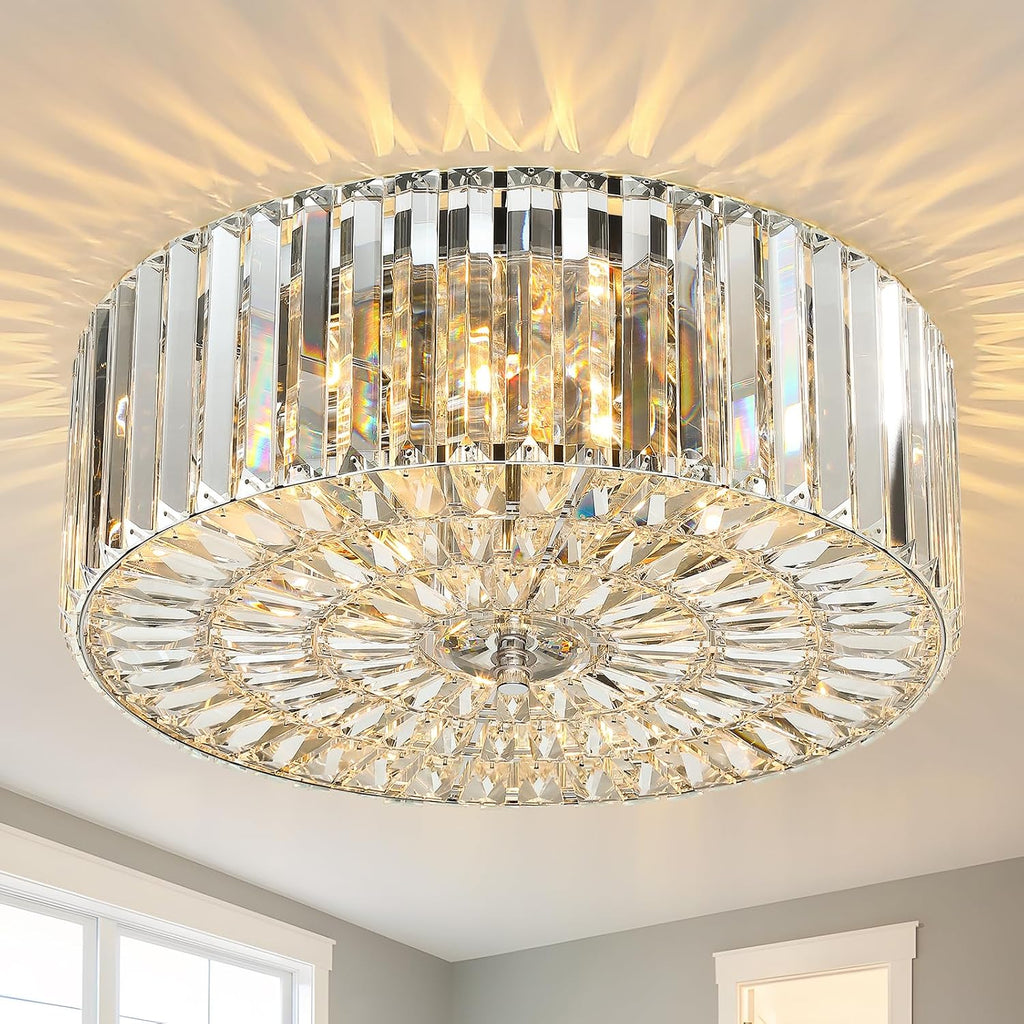 17.5' Large Crystal Ceiling Light, 4-Lights Flush Mount Crystal Ceiling Light, Chrome Ceiling Lamp Modern Chandelier for Bedroom, Dining Room,Living Room, XDD007-4-CH