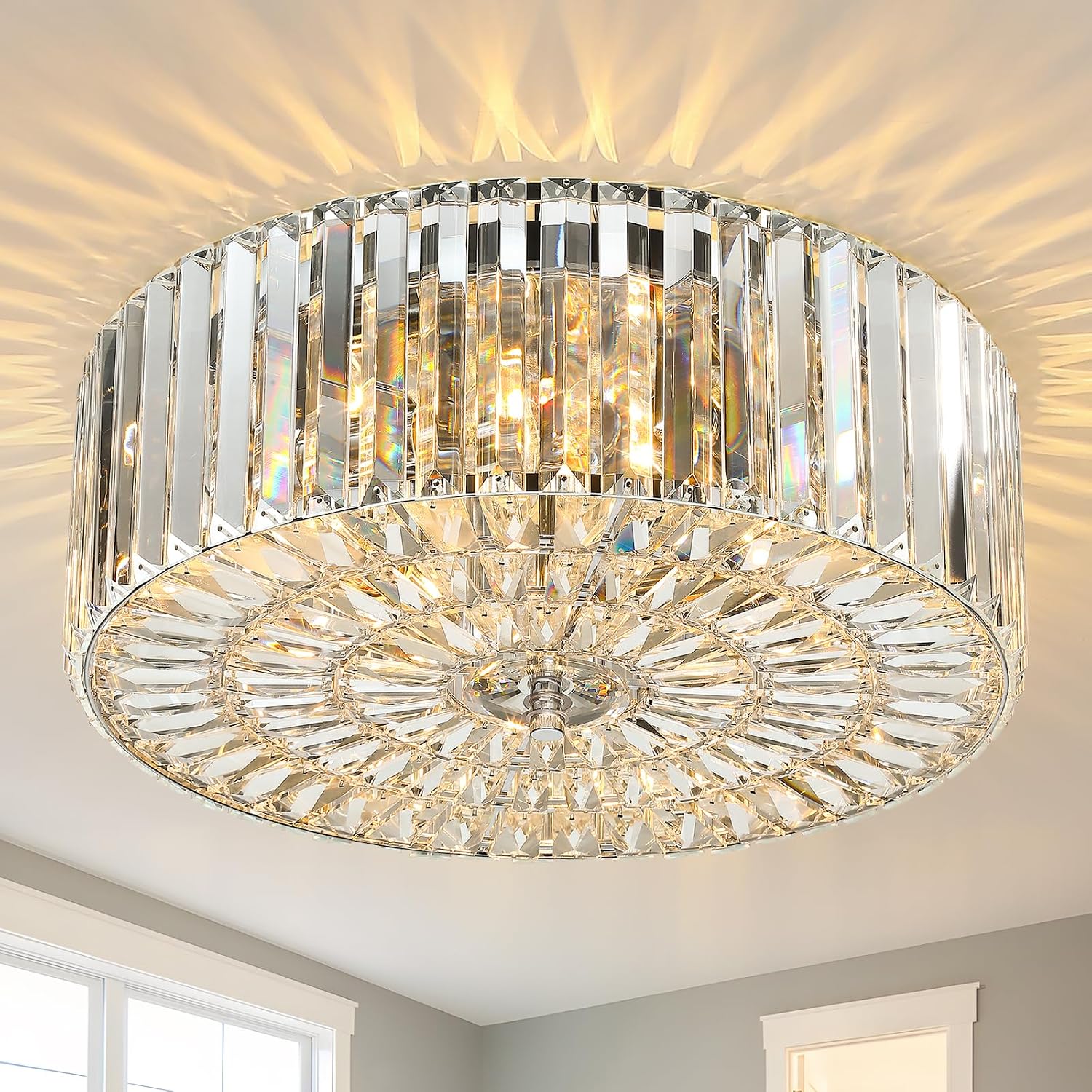 17.5' Large Crystal Ceiling Light, 4-Lights Flush Mount Crystal Ceiling Light, Chrome Ceiling Lamp Modern Chandelier for Bedroom, Dining Room,Living Room, XDD007-4-CH