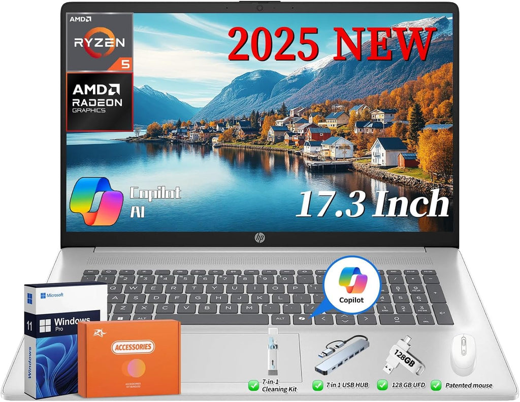 HP 2025 17 Inch Laptop, 17.3' Full HD IPS Anti-Glare Display, AMD Ryzen 5 7520U (Up to 4.3GHz), 8 GB DDR5 RAM, 1 TB SSD, AMD Radeon Graphics, Copilot Key, Wi-Fi 6, Windows 11 Pro, w/Accessories